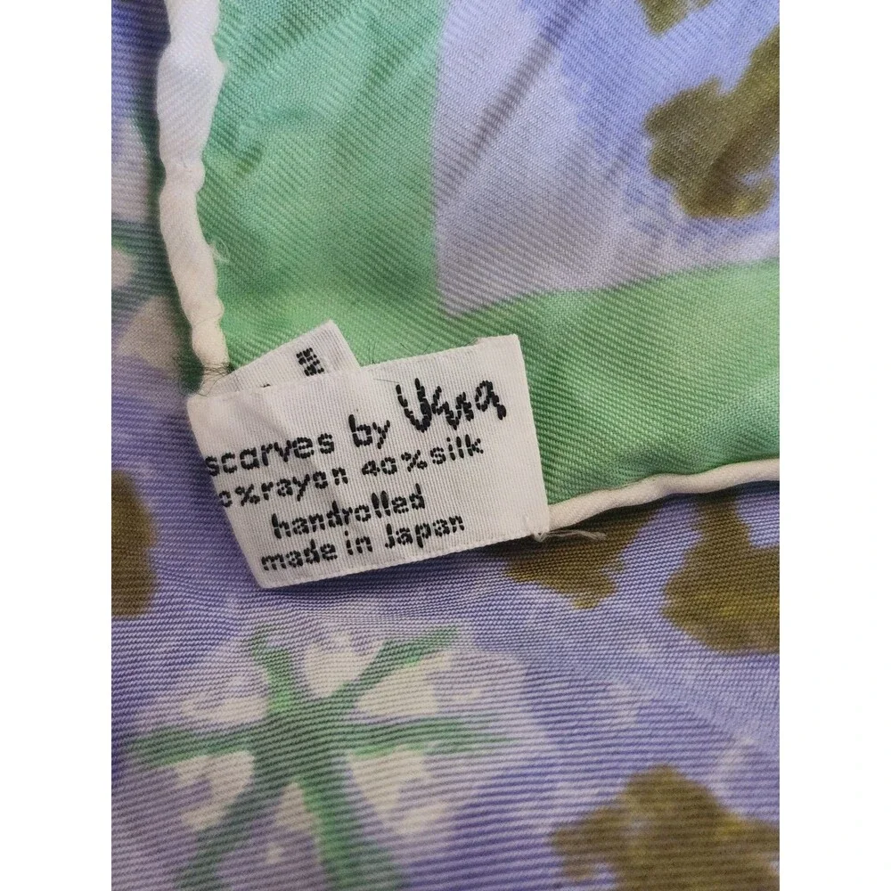 Vintage Vera Neumann Silk Scarf HandRolled Green Blue 60-70's Flower Geo Design